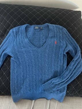 Polo by Ralph Lauren Blue Cable Knit V-Neck Sweater with Red Pony